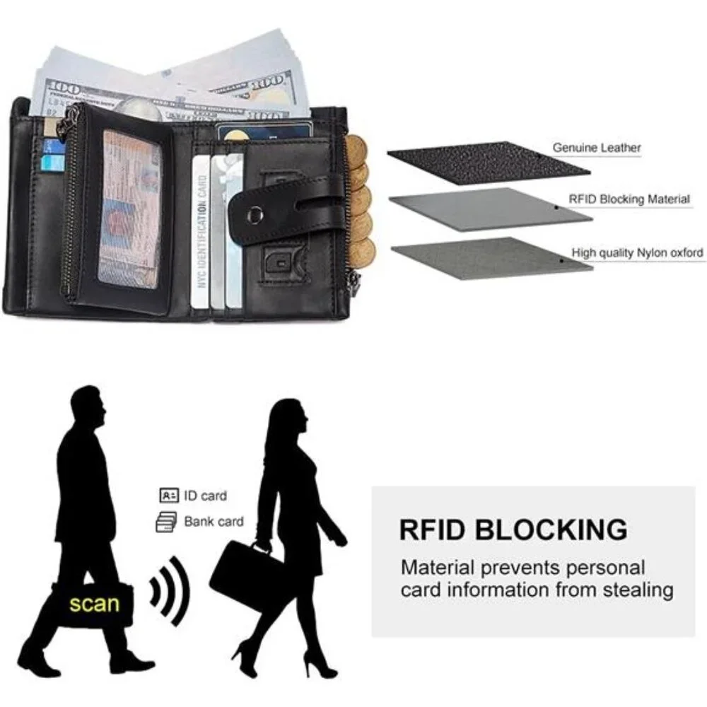 Mens Wallet with Chain Genuine Leather Purse RFID Blocking Bifold Double Zipper